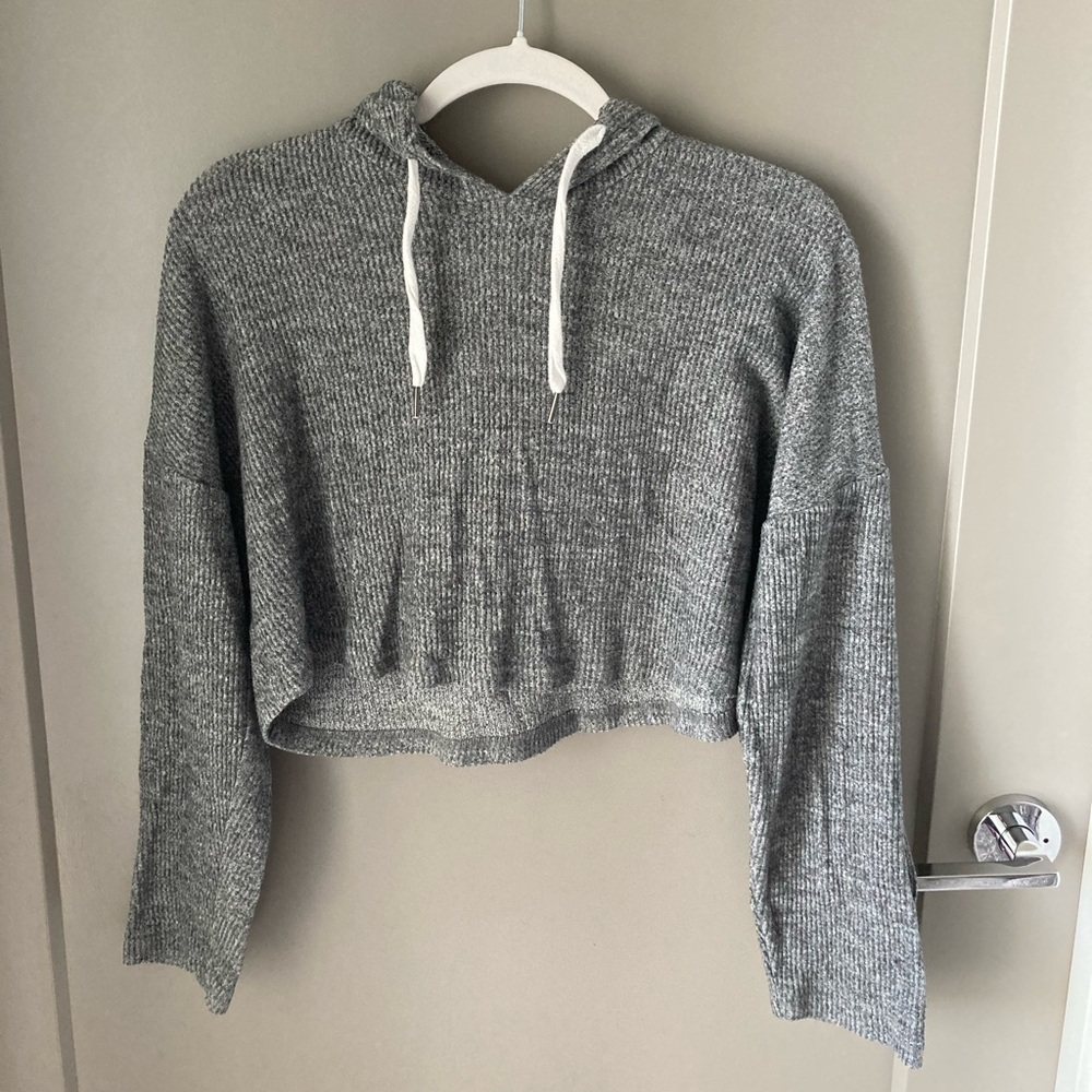 Forever 21 Gray Cropped Knit Hoodie with White Drawstrings
